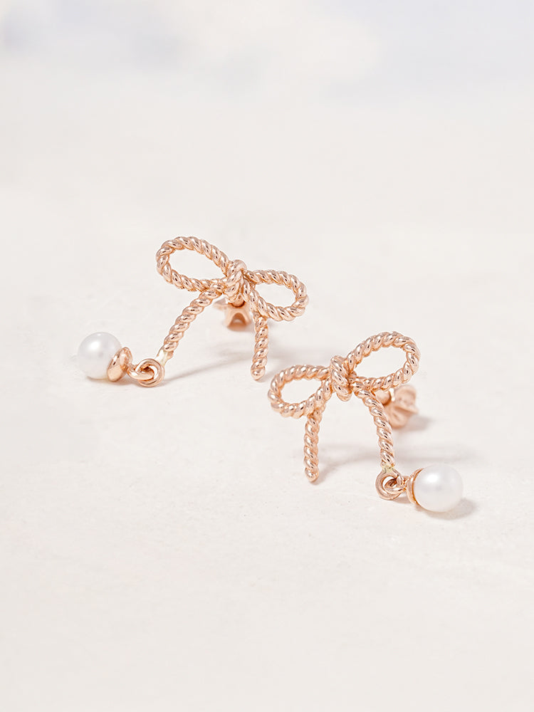 14K Gold Rose Ribbon Freshwater Pearl Drop Cartilage Earring 18G16G