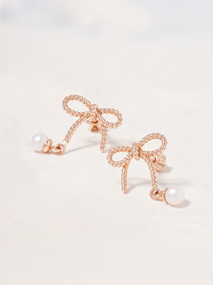 14K Gold Rose Ribbon Freshwater Pearl Drop Cartilage Earring 18G16G