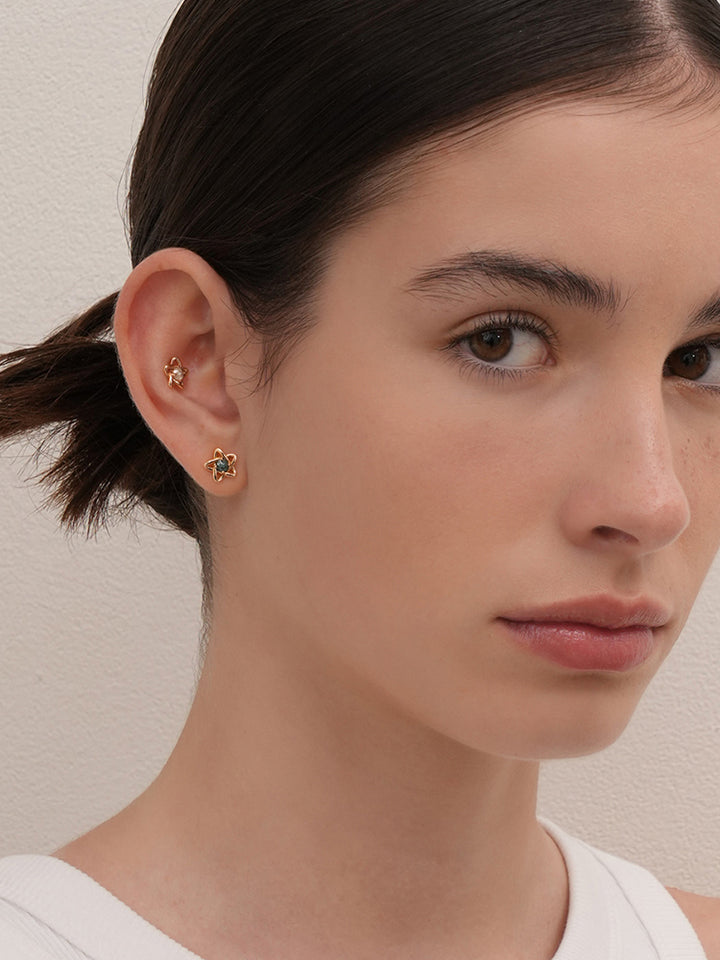 14K Solid Gold Star Line Rough Diamond Cartilage Earring 18G