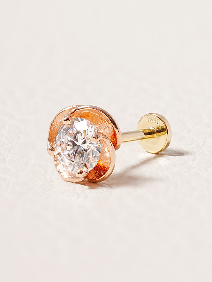 14K Solid Gold Lab Diamond Rose Internally Threaded Labret Piercing 20G