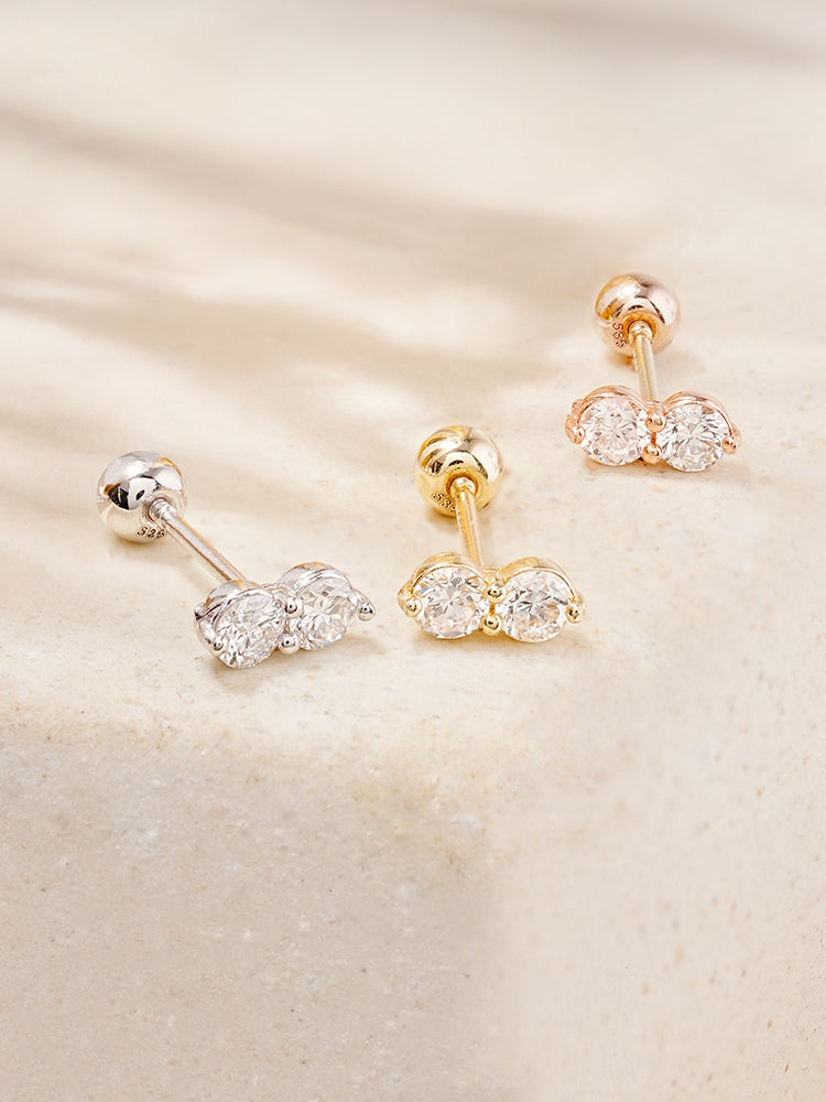 14K Solid Gold Lab Diamond Two Stone Two Way Cartilage Earring 20G18G16G