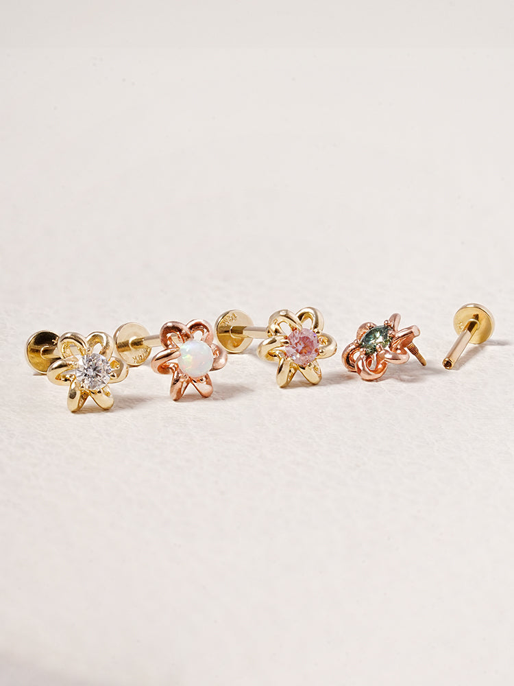 14K Solid Gold Moissanite Dia Daisy Loop Internally Threaded Labret Piercing 20G