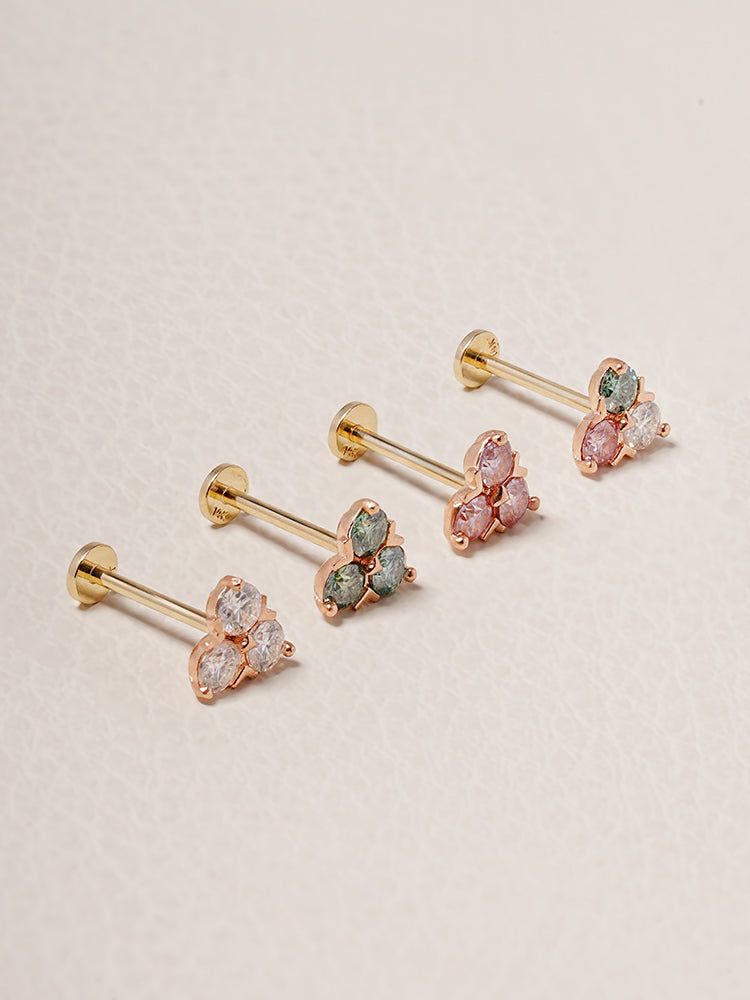 14K Solid Gold Moissanite Dia Trio Internally Threaded Labret Piercing 20G