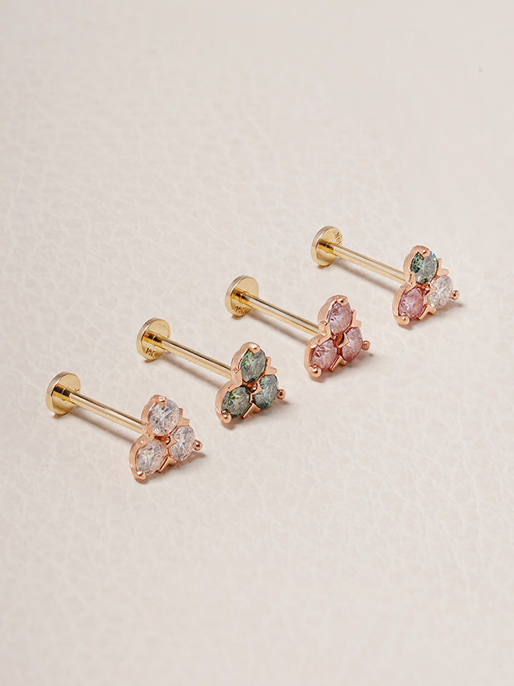14K Solid Gold Moissanite Dia Trio Internally Threaded Labret Piercing 20G