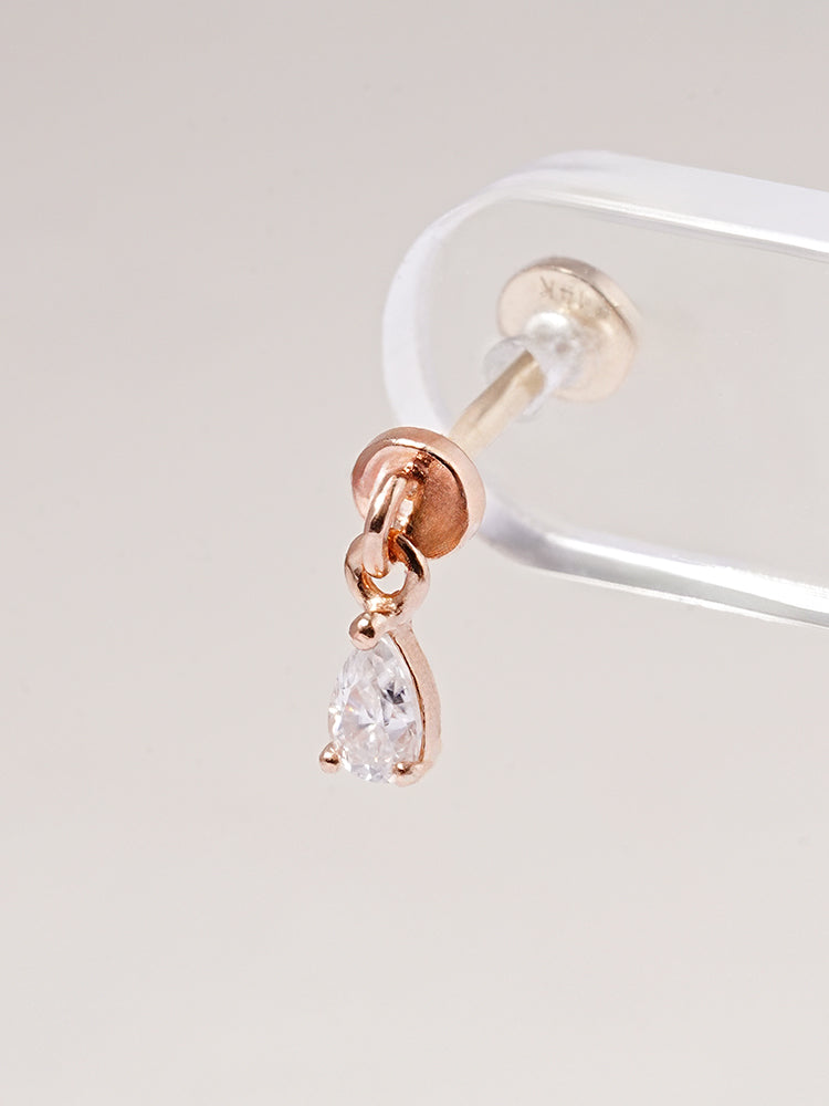 14K Solid Gold Moissanite Dia Teardrop Drop Internally Threaded Labret Piercing 20G