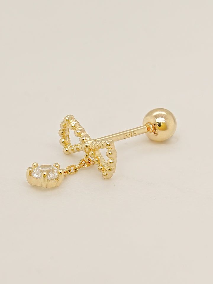 14K Solid Gold Ribbon Drop Cubic Cartilage Earring 20G