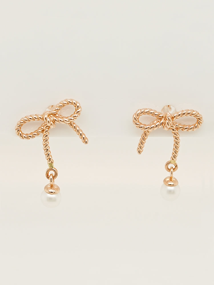 14K Gold Rose Ribbon Freshwater Pearl Drop Cartilage Earring 18G16G