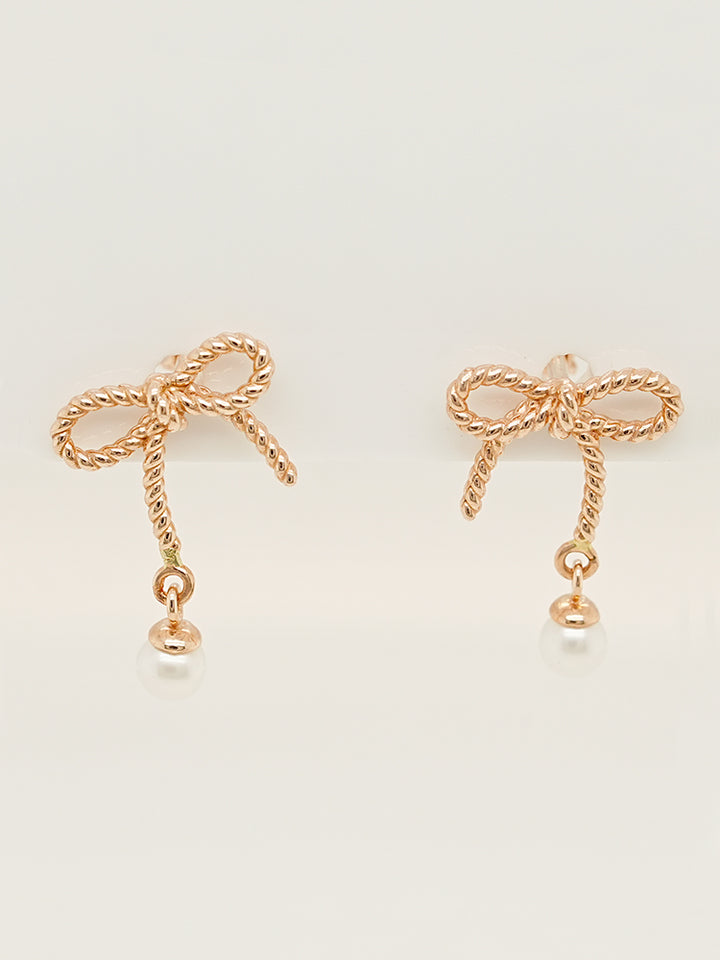 14K Gold Rose Ribbon Freshwater Pearl Drop Cartilage Earring 18G16G