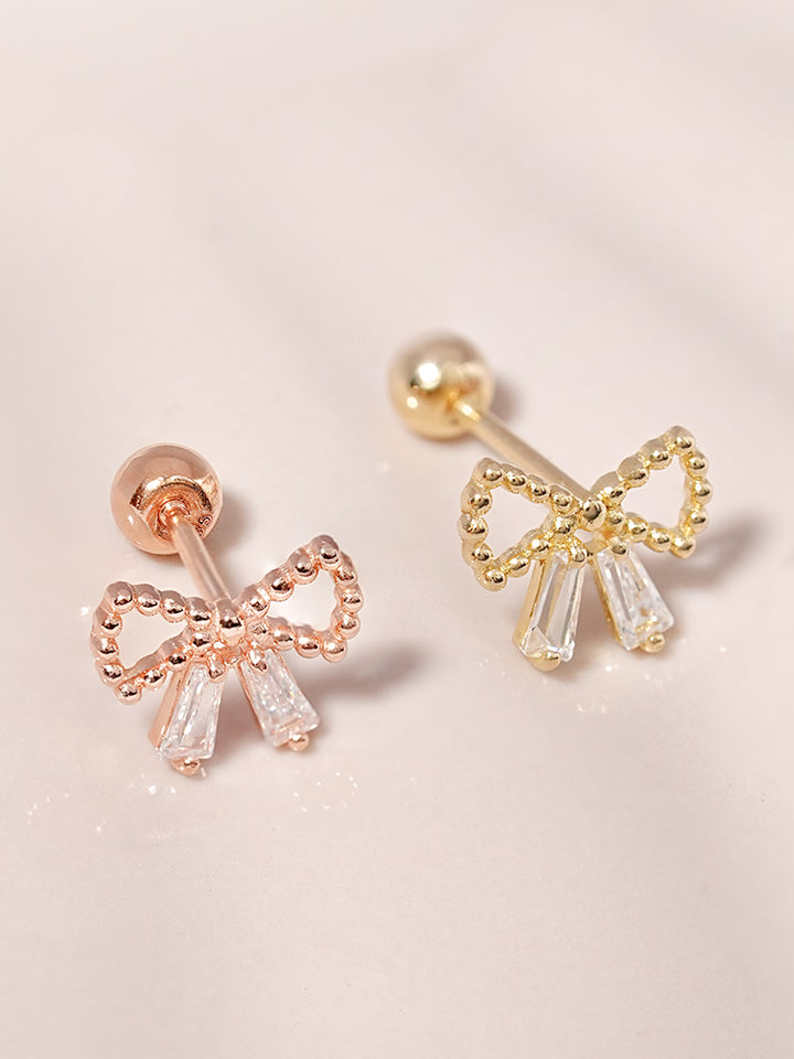 14K Solid Gold Shining Ribbon Knot Cartilage Earring 20G