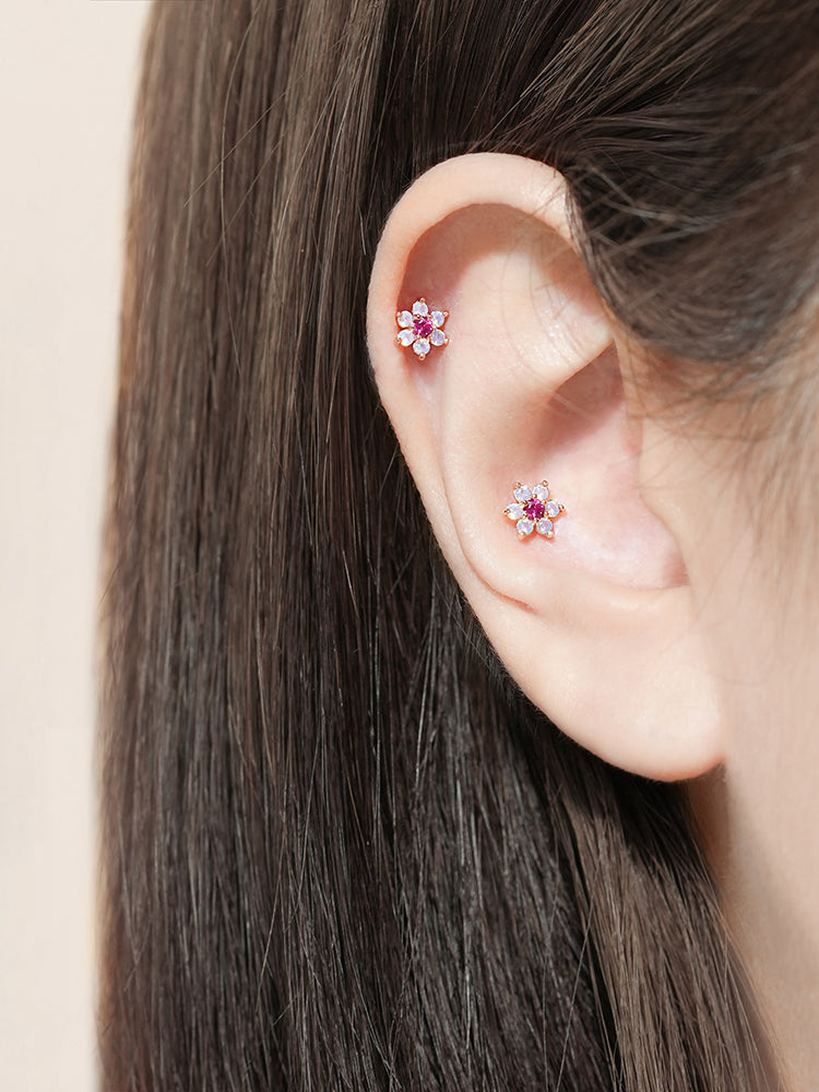 14K Solid Gold Opal Turquoise Cubic Flower Internally Threaded Labret Piercing 20G