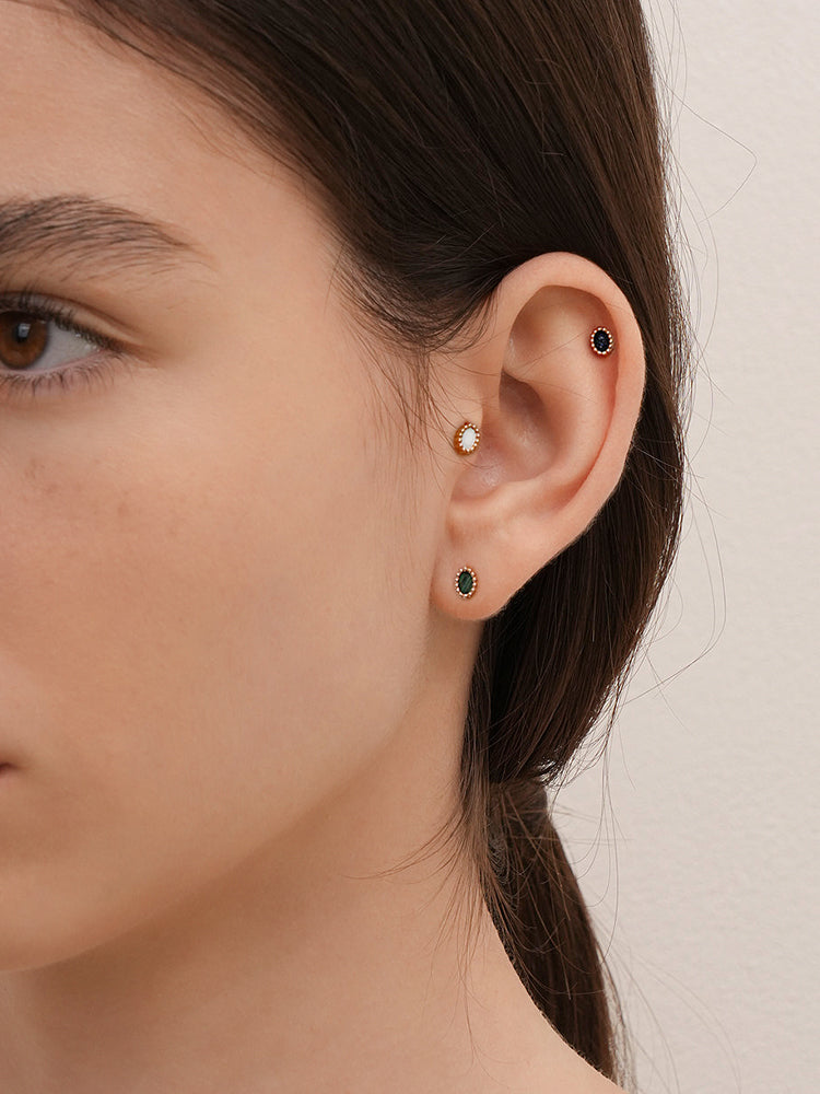 14K Solid Gold Classic Oval Stone Cartilage Earring 20G