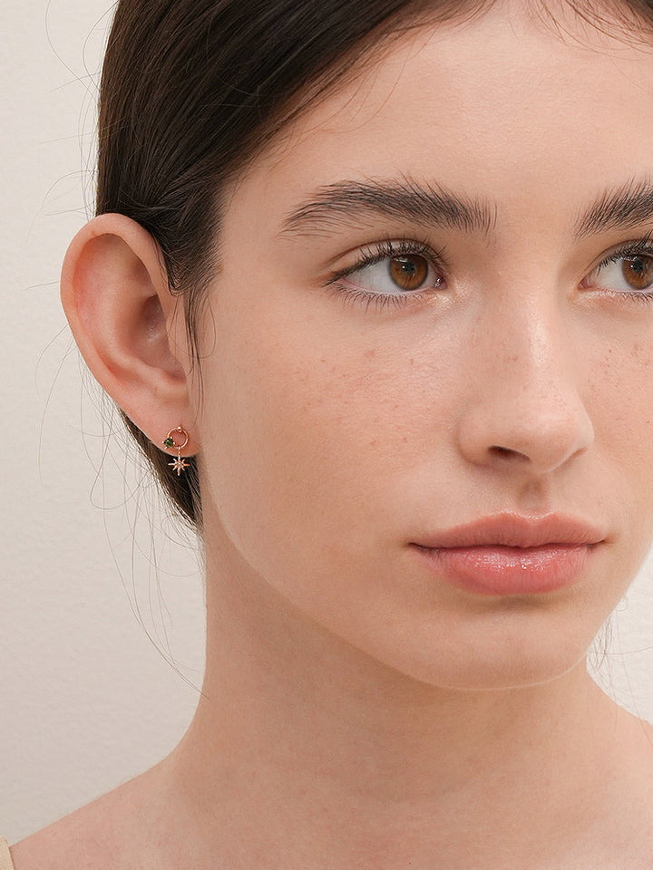 14K Gold Green Rough Universe Ring Drop Cartilage Earring 18G