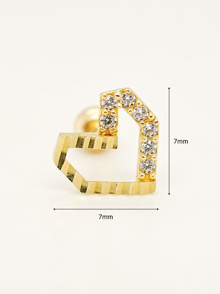 14K Solid Gold Half-and-Half Heart Cubic Cartilage Earring 20G