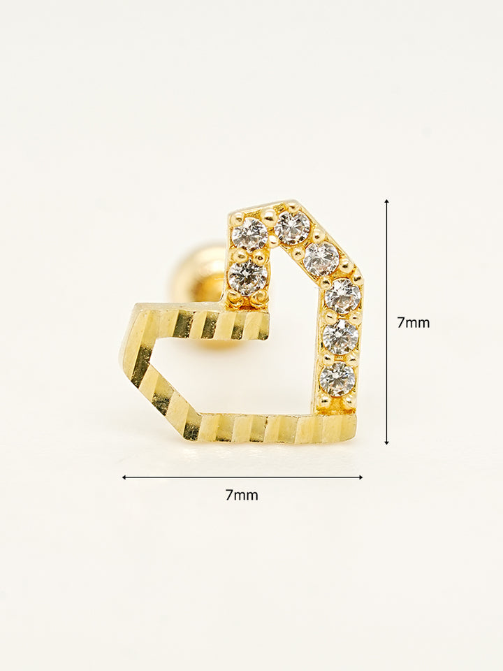 14K Solid Gold Half-and-Half Heart Cubic Cartilage Earring 20G