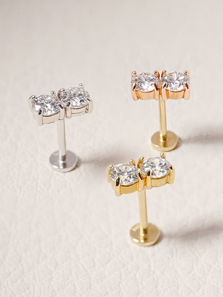 14K Solid Gold Lab Diamond Twin Stud Internally Threaded Labret Piercing 20G