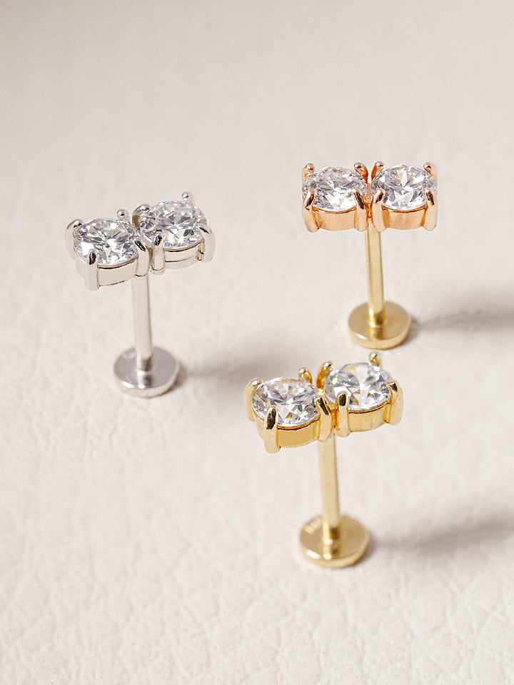 14K Solid Gold Lab Diamond Twin Stud Internally Threaded Labret Piercing 20G