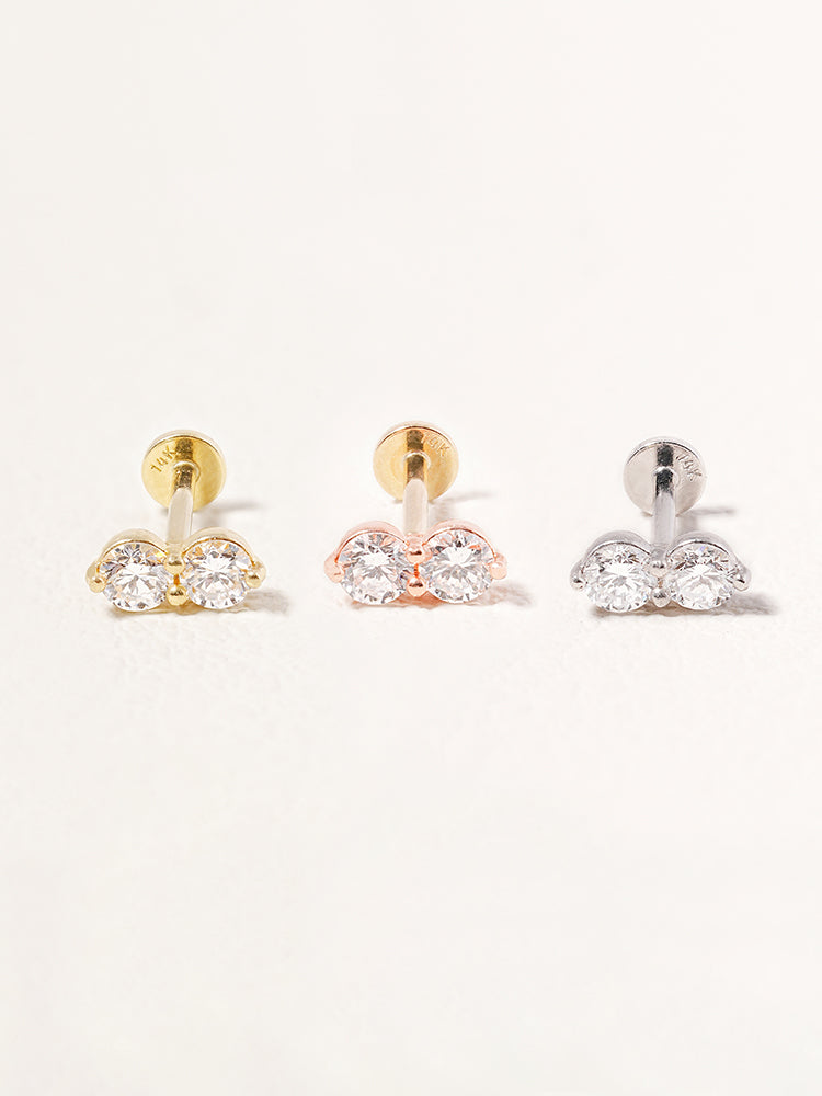 14K Solid Gold Lab Diamond Two Stone Two Way Internally Threaded Labret Piercing 20G