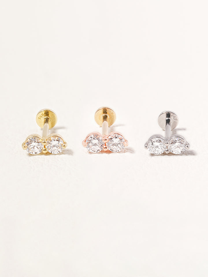 14K Solid Gold Lab Diamond Two Stone Two Way Internally Threaded Labret Piercing 20G