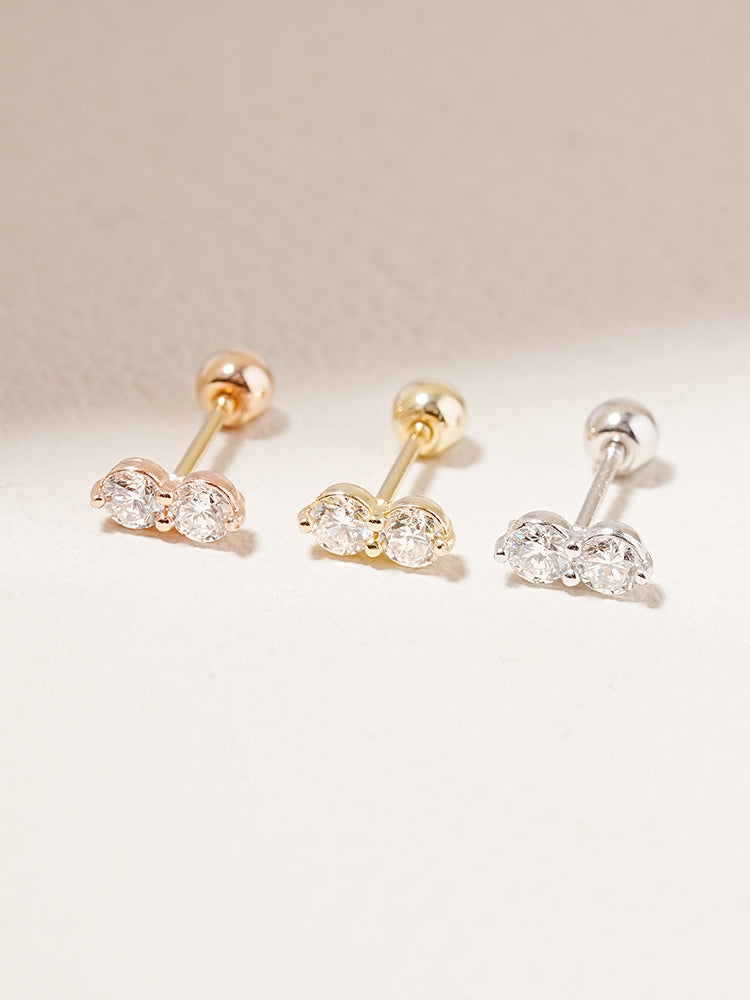14K Solid Gold Lab Diamond Two Stone Two Way Cartilage Earring 20G18G16G