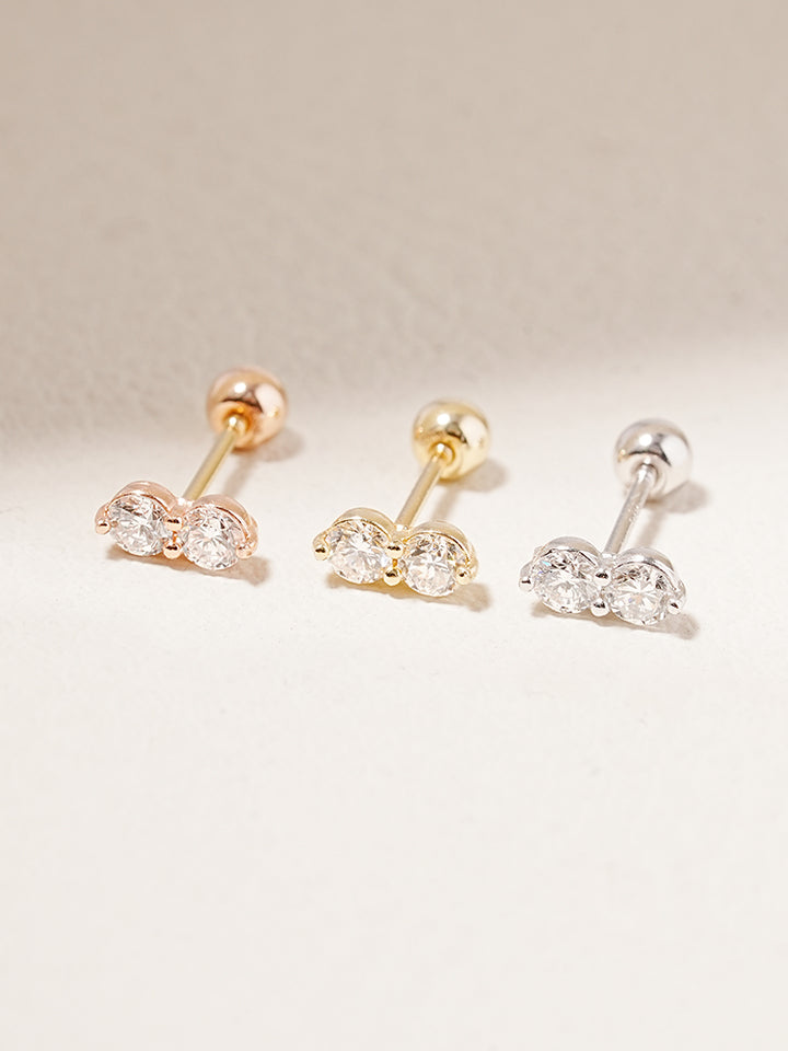 14K Solid Gold Lab Diamond Two Stone Two Way Cartilage Earring 20G18G16G