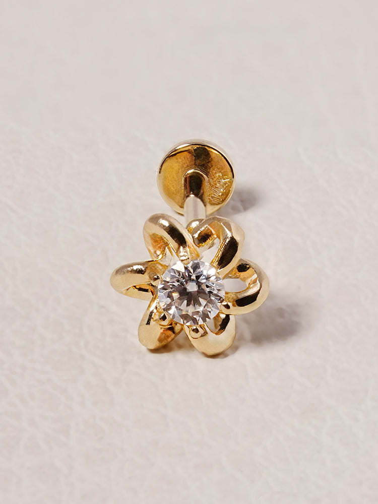 14K Solid Gold Moissanite Dia Daisy Loop Internally Threaded Labret Piercing 20G