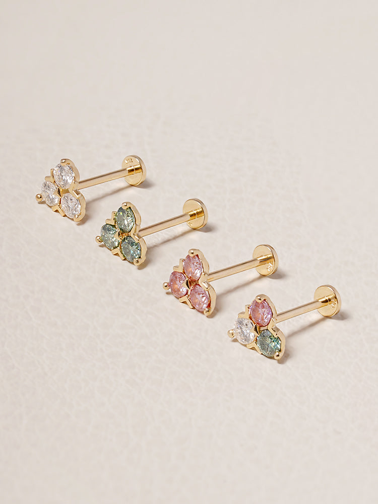 14K Solid Gold Moissanite Dia Trio Internally Threaded Labret Piercing 20G