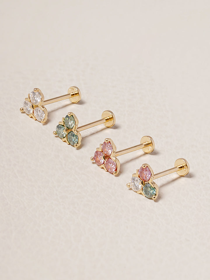 14K Solid Gold Moissanite Dia Trio Internally Threaded Labret Piercing 20G