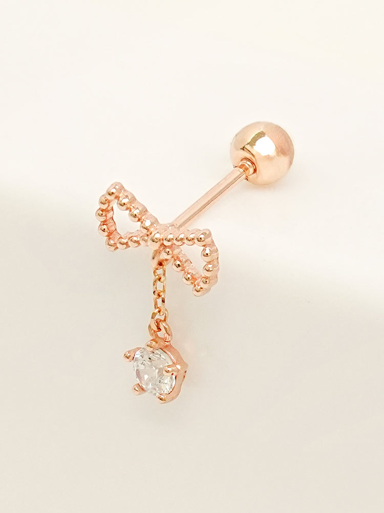 14K Solid Gold Ribbon Drop Cubic Cartilage Earring 20G