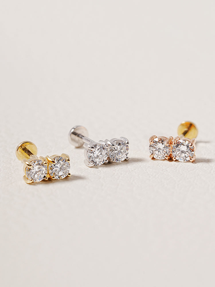 14K Solid Gold Lab Diamond Twin Stud Internally Threaded Labret Piercing 20G