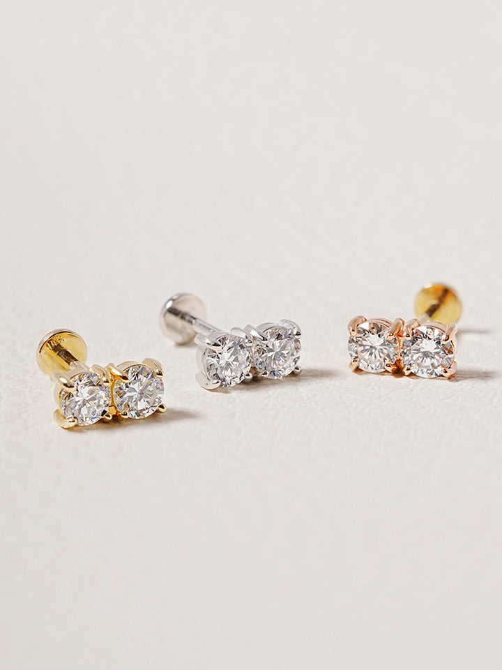 14K Solid Gold Lab Diamond Twin Stud Internally Threaded Labret Piercing 20G