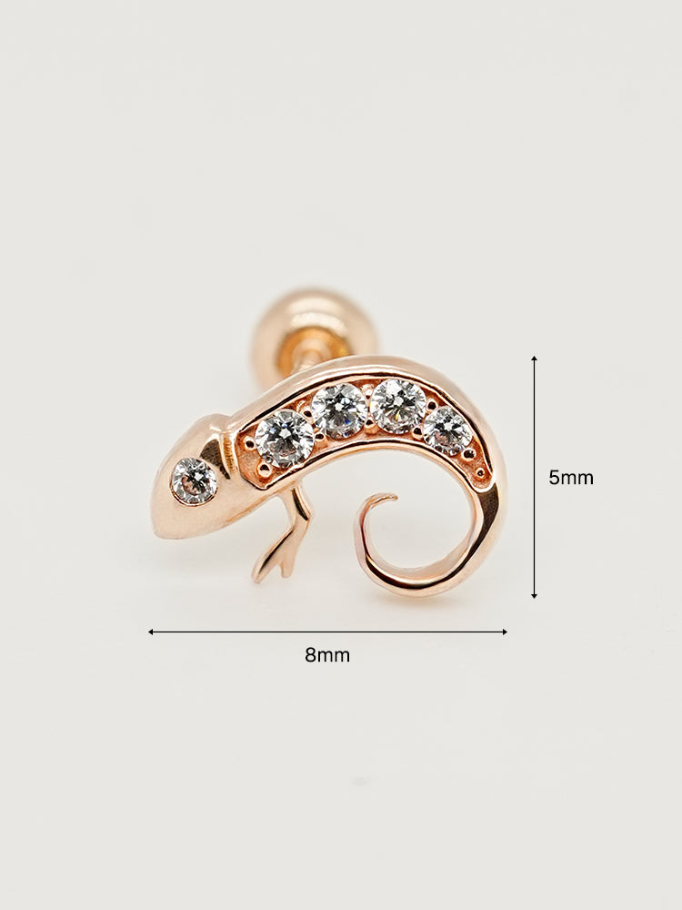 14K Solid Gold Kitsch Lizard Cubic Cartilage Earring 20G