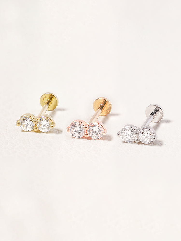 14K Solid Gold Lab Diamond Two Stone Two Way Internally Threaded Labret Piercing 20G