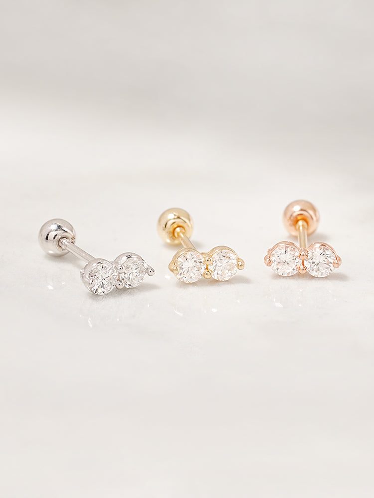 14K Solid Gold Lab Diamond Two Stone Two Way Cartilage Earring 20G18G16G