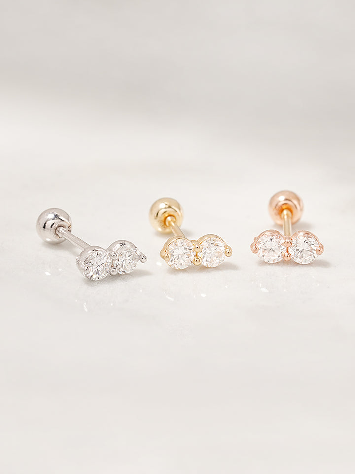14K Solid Gold Lab Diamond Two Stone Two Way Cartilage Earring 20G18G16G