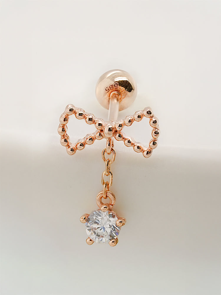 14K Solid Gold Ribbon Drop Cubic Cartilage Earring 20G