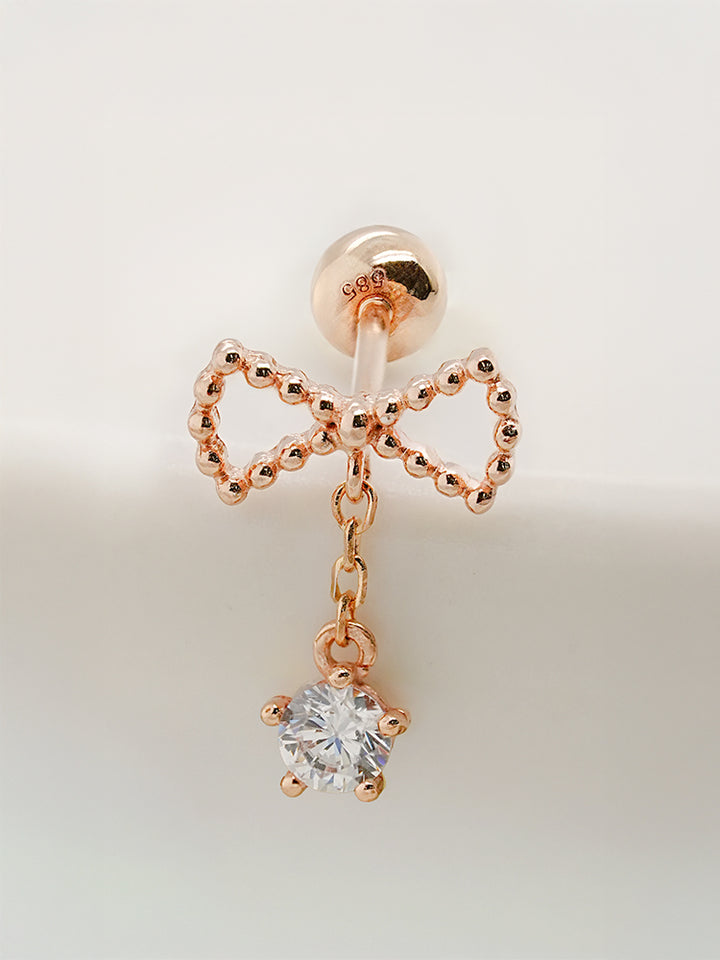 14K Solid Gold Ribbon Drop Cubic Cartilage Earring 20G