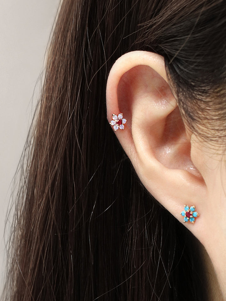 14K Solid Gold Opal Turquoise Cubic Flower Internally Threaded Labret Piercing 20G