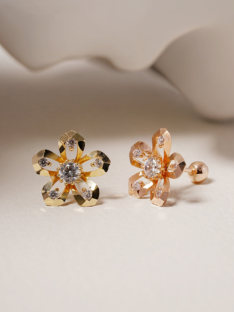 14K Solid Gold Glossy Cubic Flower Cutting Cartilage Earring 20G18G