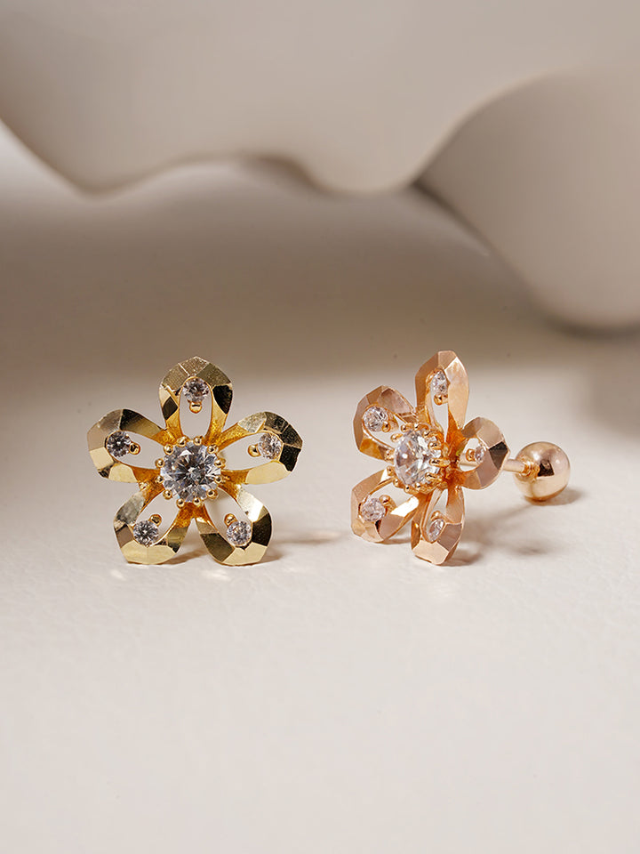 14K Solid Gold Glossy Cubic Flower Cutting Cartilage Earring 20G18G