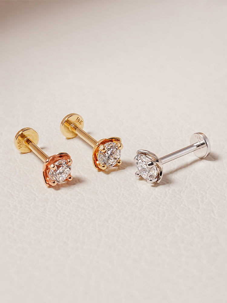 14K Solid Gold Lab Diamond Classic Square Internally Threaded Labret Piercing 20G