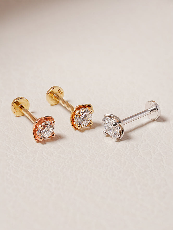 14K Solid Gold Lab Diamond Classic Square Internally Threaded Labret Piercing 20G