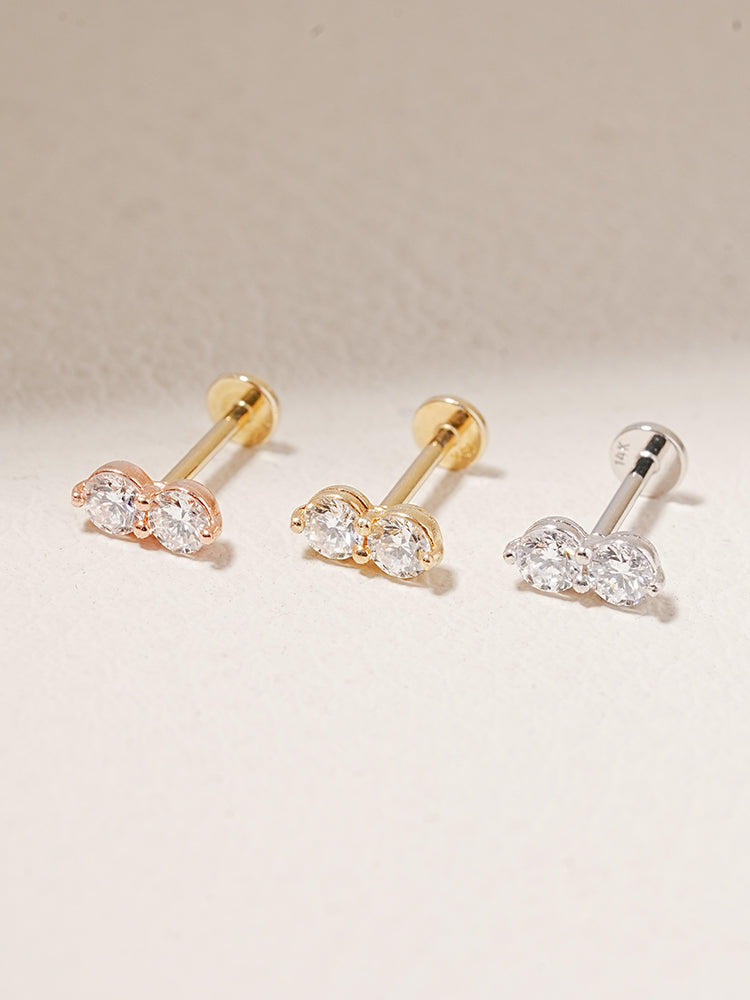 14K Solid Gold Lab Diamond Two Stone Two Way Internally Threaded Labret Piercing 20G