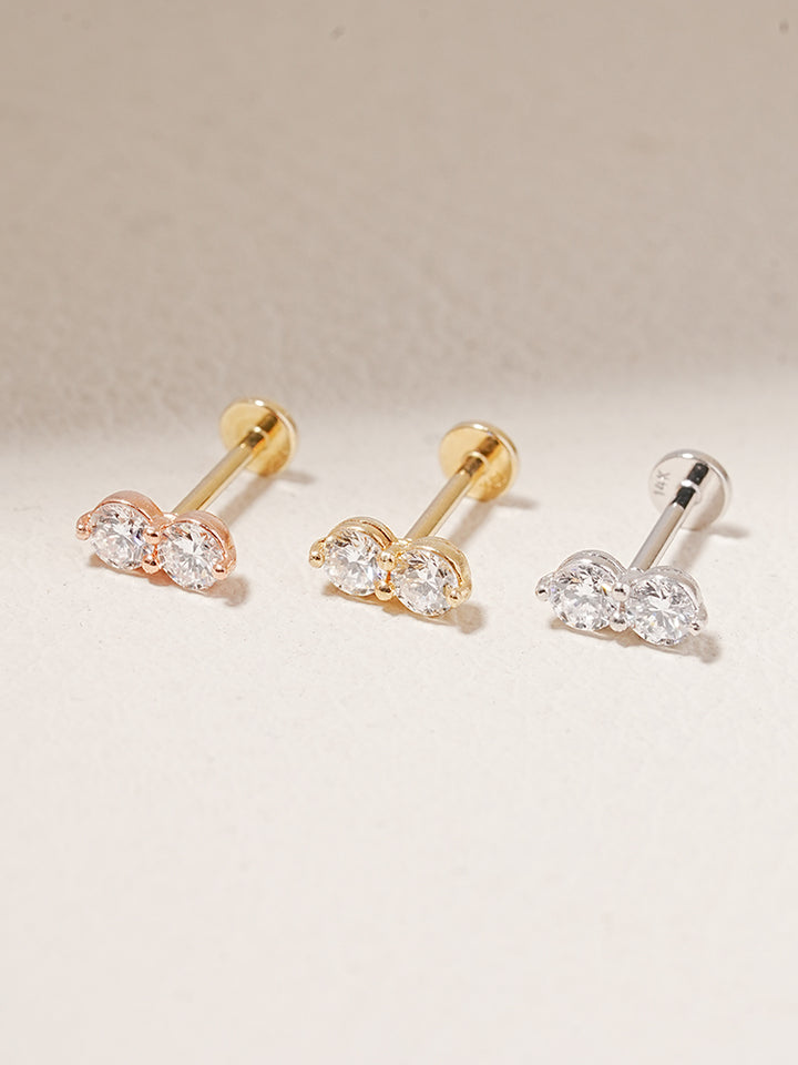 14K Solid Gold Lab Diamond Two Stone Two Way Internally Threaded Labret Piercing 20G