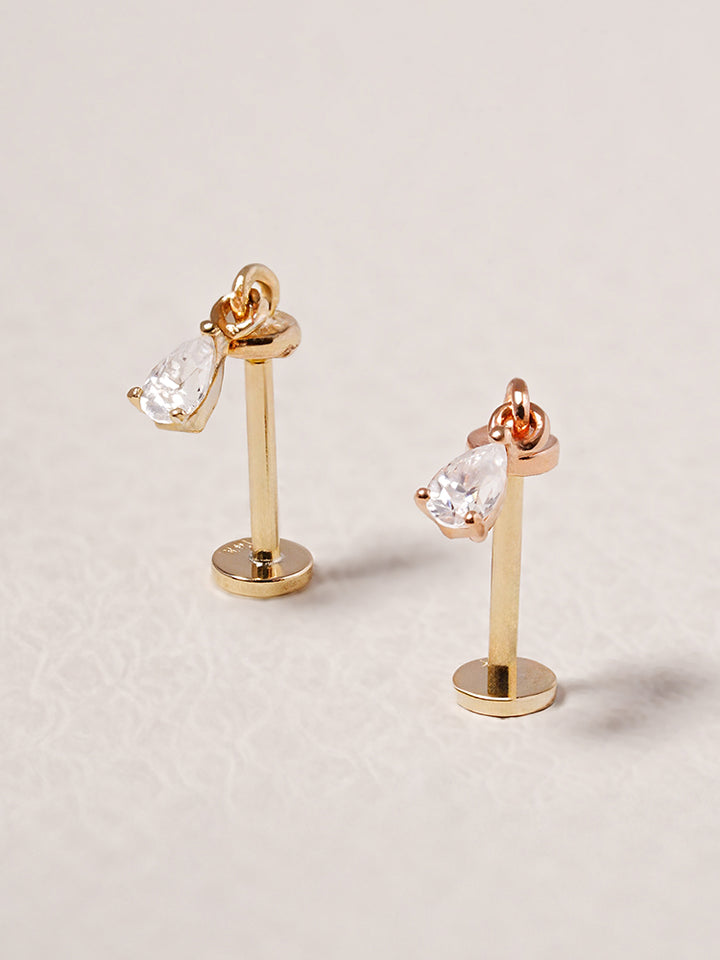 14K Solid Gold Moissanite Dia Teardrop Drop Internally Threaded Labret Piercing 20G