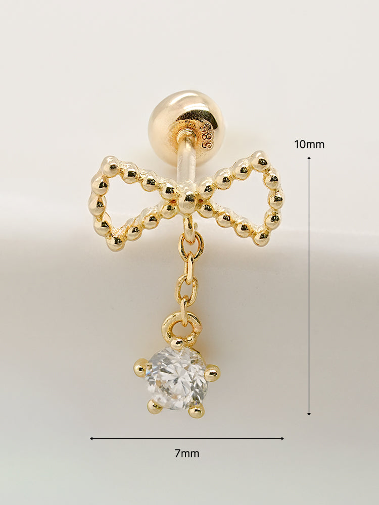 14K Solid Gold Ribbon Drop Cubic Cartilage Earring 20G