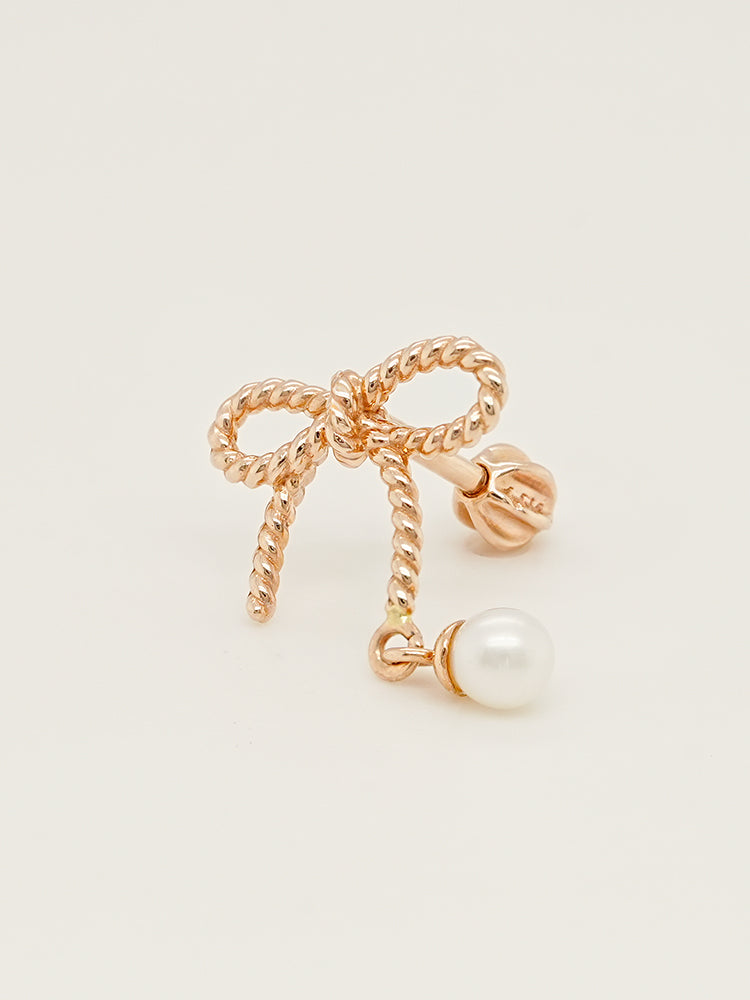 14K Gold Rose Ribbon Freshwater Pearl Drop Cartilage Earring 18G16G