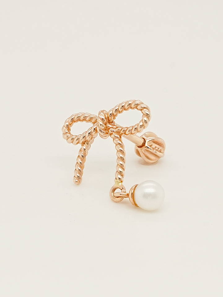 14K Gold Rose Ribbon Freshwater Pearl Drop Cartilage Earring 18G16G