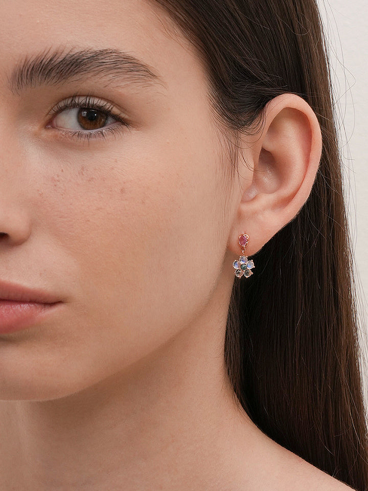 14K Solid Gold Brightening Sapphire Flower Drop Cartilage Earring 18G