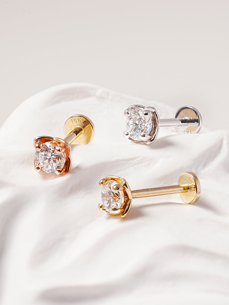 14K Solid Gold Lab Diamond Classic Square Internally Threaded Labret Piercing 20G