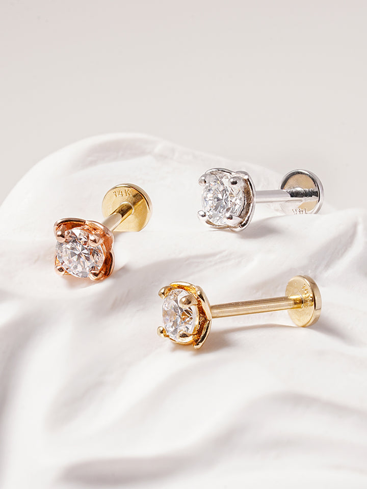 14K Solid Gold Lab Diamond Classic Square Internally Threaded Labret Piercing 20G